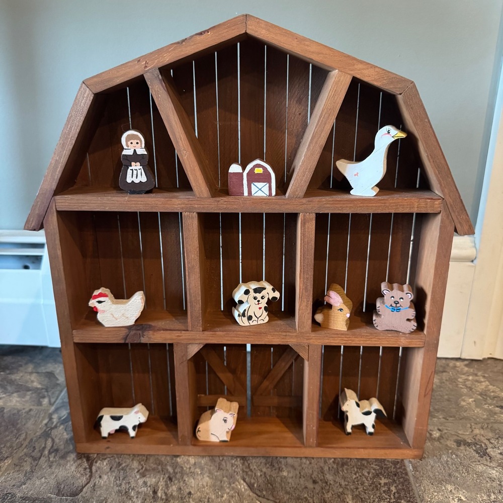 Vintage Cottagecore Farmhouse Barn Wood Shadow Box Display Shelf with Miniatures